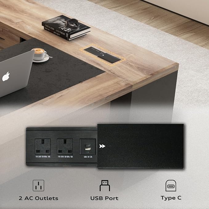 Office Desk with Drawers, 78.74 Inches L-Shape Executive Desk, Industrial Wood Desk with Storage Shelves, Modern Computer Desk for Home Office, Black and Wood, Right