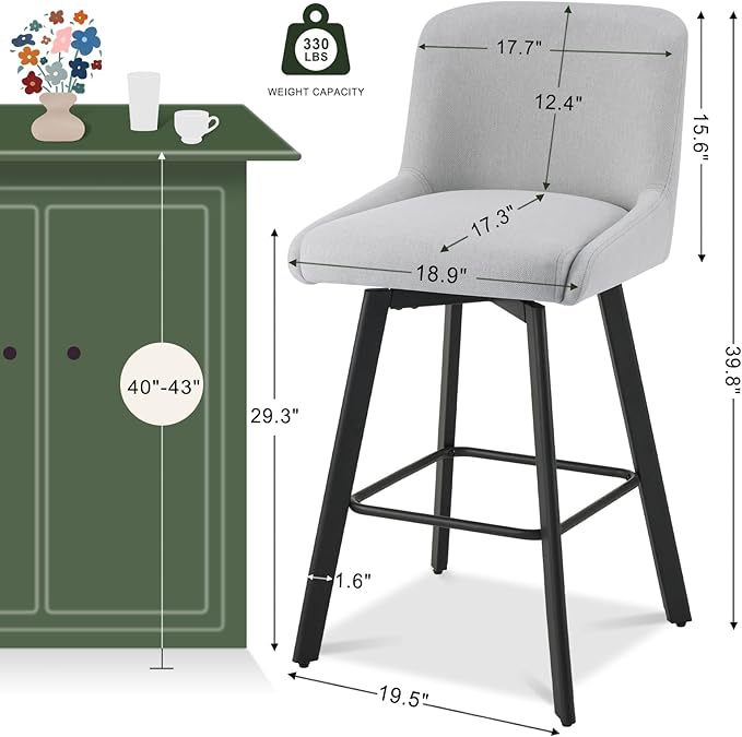 Swivel Bar Stools Set of 3, 30''H Upholstered Barstools with Backs, Modern Counter Height Bar Stool Chairs for Kitchen Island, Metal Legs, Fabric, Light Gray Counter Stools