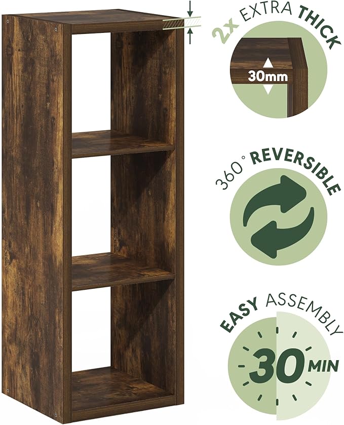Furinno Cubicle Book Shelf, 3-Cube Thick Frame Bookshelf, Horizontally & Vertically Reversible Bookcase with Open Back, 14.6 x 15.9 x 44, for Living Room, Bedroom, Home Office, Amber Pine