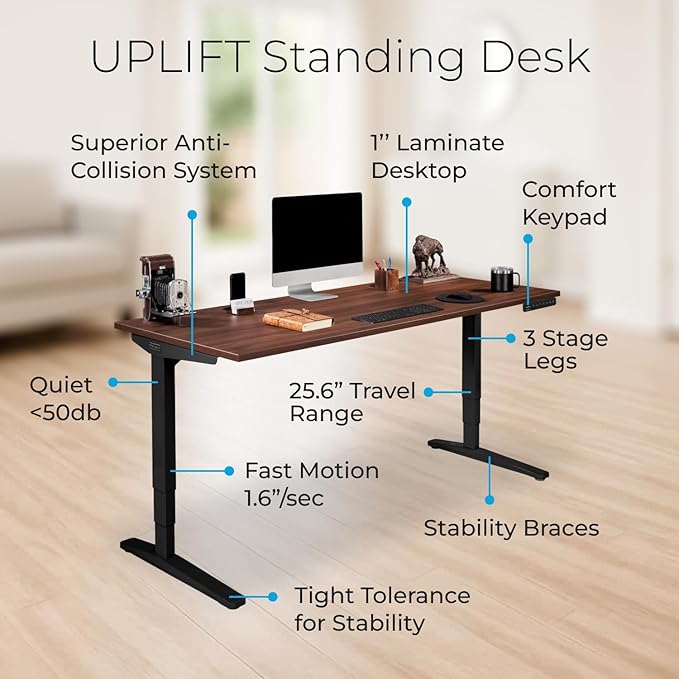 UPLIFTDESK V2 2-Leg White Laminate Wood Standing Desk – Adjustable Height, Advanced 1-Touch Memory Keypad, Under Desk Cable Management, Wire Grommets & Rocker Board (Black C-Frame, 60 x 30 inch)