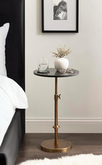 Kate and Laurel Engles Traditional Adjustable-Height Pedestal Side Table, 14 x 14 x 30, Black Marble and Antique Brass, Vintage Round End Table for Use as Indoor Plant Stand with Authentic Marble Top