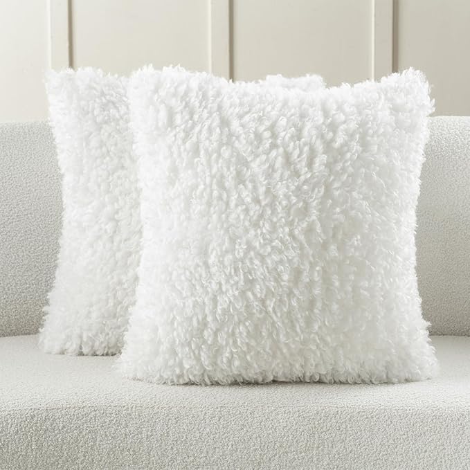 FUTEI Cream White Decorative Throw Pillow Covers 22x22 Inch Set of 2,Soft Fluffy Faux Wool Fur Boucle Textured Cushion Case,Modern Home Decor for Couch Bed Living Room Office