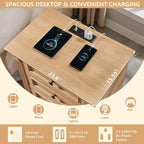 26" Tall Nightstand with Charging Station, Farmhouse 23.6" Wide Large End Table w/Roman Column, Wood Rustic Side Table w/Metal Handle, 3 Drawers Dresser for Bedroom, Living Room, Natrual