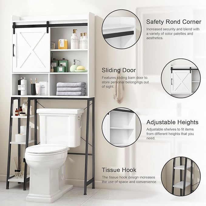 Over The Toilet Storage Cabinet, Farmhouse Storage Cabinet Over Toilet with Sliding Barn Door,Home Space-Saving Toilet Rack, for Bathroom, Restroom, Laundry.(White)