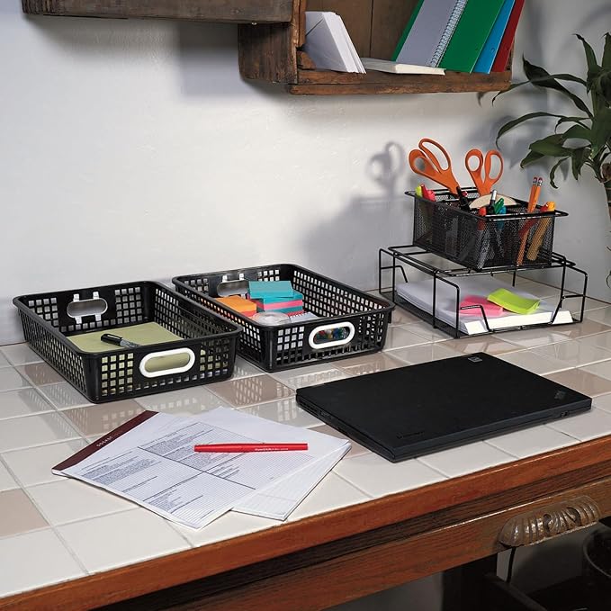 Really Good Stuff Small Plastic Paper Baskets, 14" x 10" x 3.25", 12 Pack, Black, Plastic Mesh Baskets for Classroom, Home, and Office, Fits A4 Paper, Documents, Files, Magazines