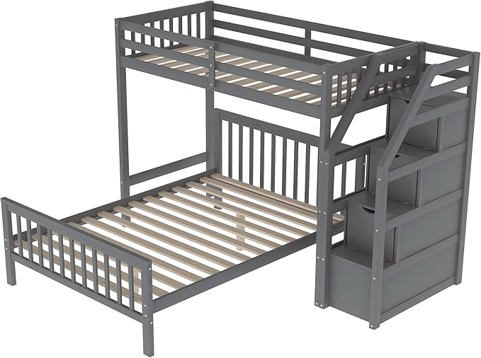 Twin Over Full Wood Loft Bed with Staircase,High Guardrails and Ladder-Handrails,Ladder W/ 3 Storage Grids,Bedroom Furniture for Children,Teens,Adults,Gray