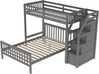Twin Over Full Wood Loft Bed with Staircase,High Guardrails and Ladder-Handrails,Ladder W/ 3 Storage Grids,Bedroom Furniture for Children,Teens,Adults,Gray