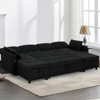 110" Fabric Pull-Out Couch Bed w/Adjustable Backrests, Sectional Sleeper Sofa w/USB Ports & 2 Cup Holders, Upholstered U-Shaped Couch w/Storage Chaise for Living Room, House, Black
