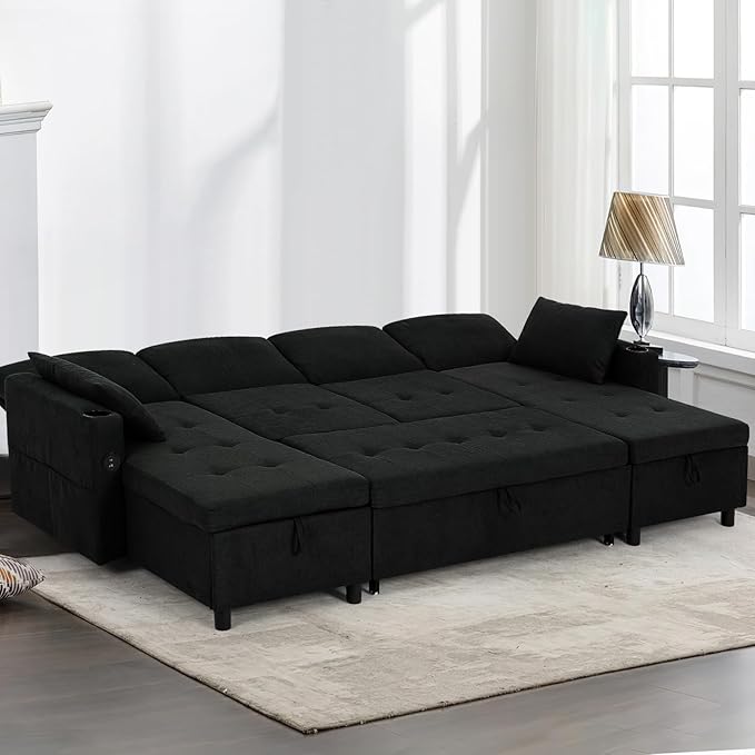 110" Fabric Pull-Out Couch Bed w/Adjustable Backrests, Sectional Sleeper Sofa w/USB Ports & 2 Cup Holders, Upholstered U-Shaped Couch w/Storage Chaise for Living Room, House, Black