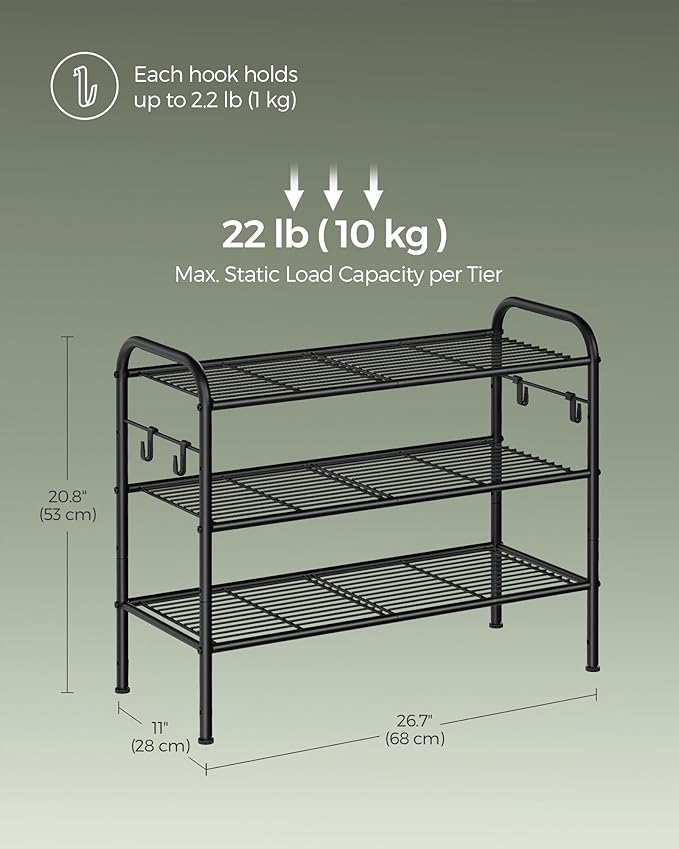 SONGMICS Shoe Rack, 3-Tier Shoe Organizer, Metal Shoe Shelf Storage with 4 Side Hooks, Holds 12 Pairs of Shoes, Height-Adjustable Shoe Rack for Entryway, Hallway, Closet, Easy Assembly, Ink Black