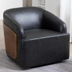 Genuine Leather Swivel Accent Chair Swivel Barrel Chair Comfortable Mid Century Modern Chair Upholstered Metal Base Armchair for Living Room Bedroom Office Large Vintage Black
