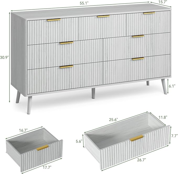LYNSOM Fluted Dresser and Nightstand Set, 3 Pieces Bedroom Set, 55 Inch Wide 7-Drawer Dresser & 2-Drawer Nightstands Set of 2, Modern Dressers Set for Bedroom, Hallway, White