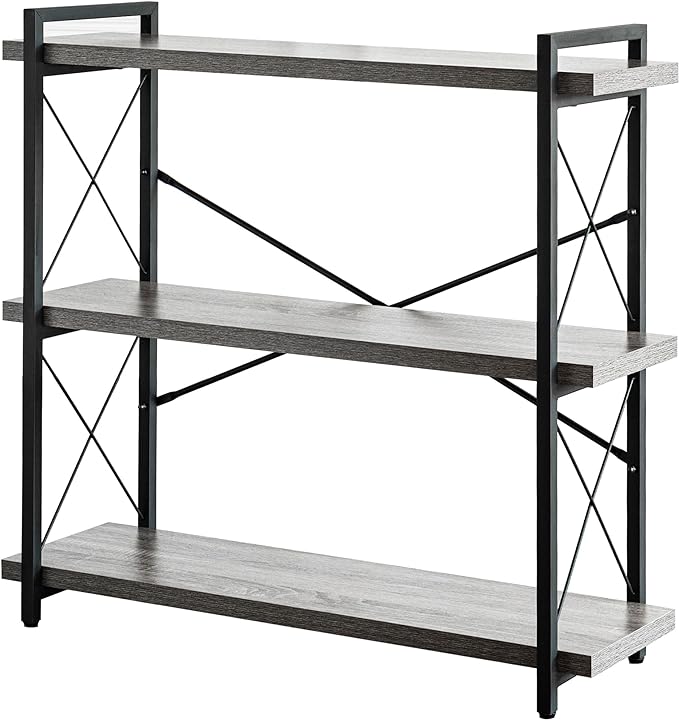HCHQHS Bookshelf, 3-Tier Industrial Bookcase, Rustic Open Book Shelf, Freestanding Horizontal Bookshelves with Metal Frame