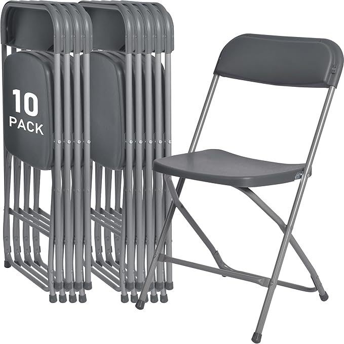 SEALAMB Plastic Folding Chairs 10 Pack, Gray Commercial Portable Indoor/Outdoor Chairs for Home Office, Wedding, Events Parties with Steel Frame, 350lbs Capacity (Gray-Plastic, 10 Pack)