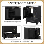 24 Inch Bathroom Vanity with Sink, Freestanding Bathroom Sink Cabinet with 3 Drawers and Storage Door Rack Organizer, Solid Wood Legs, Black