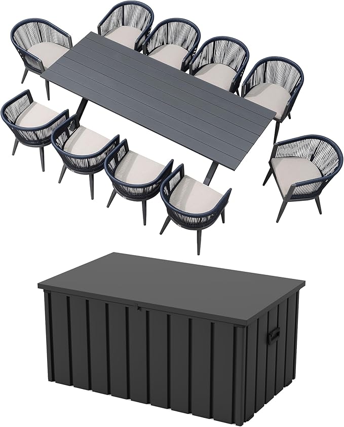 PURPLE LEAF Patio Dining Set for 10 with Gray Storage Box All-Weather Wicker 11 Piece Aluminium Outdoor Table and Chairs Set Included Cushions Modern Outdoor Furniture Set Grey and Navy