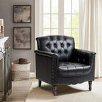 Pia Ricco Modern Tufted Accent Chair, Single Faux Leather Armchair with Nailhead Trim & Wood Legs, Comfortable Upholstered Seat for Living Room, Office - Black
