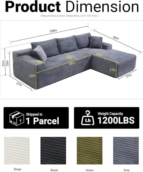 108 Inch Cloud Sectional Couch,Modern Modular Sectional Sofa with Deep Seat,Corduroy Boneless Couches with L-Shape Chaise for Living Room,No Assembly Required (Grey, Right Facing Chaise)