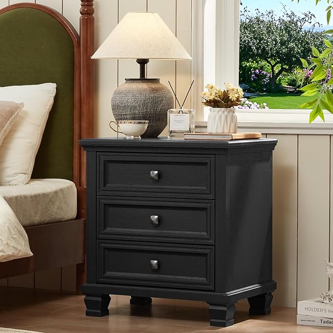 Farmhouse Nightstand Set of 2, Rustic Couch End Table with 3 Drawers & 4 Square Solid Wood Legs, Vintage Bed Side Table with Storage, Small Dresser for Bedroom, Living Room, Black