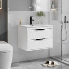 eclife 24" Bathroom Vanities Cabinet with Sink Combo, Wall Mounted Floating Cabinet W/Decor Line, Soft-Close System, 2 Extra Big Drawers, Matte Black Faucet, White