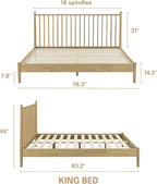 NTC Inno Wooden Bed Frame with Headboard, Solid Oak and Rubber Wood Foundation with Silent Slats and Wood Central Supports, 1000 Lb Capacity, Effortless Assembly, King - Sand