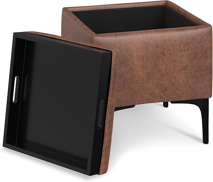SIMPLIHOME Natasha 18 inch Wide Contemporary Square Mid Century Storage Ottoman with Tray in Distressed Saddle Brown Vegan Faux Leather, Assembled, For the Living Room, Entryway and Family Room