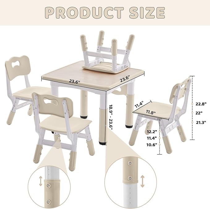 Kids Table and 4 Chairs Set, Height-Adjustable Toddler Table and Chairs Set with Graffiti Desktop, 23.6''L x 23.6''W Children Activity Table for Daycare, Classroom, Home