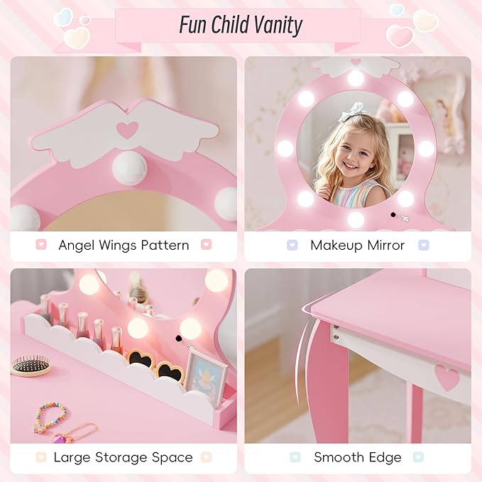 TOLEAD Girls Vanity with Lights, Mirror and Stool, Kids Make Up Vanity Set with Storage Space, Wing Pattern for Little Girls, Toddler Princess Makeup Dressing Table with Chair Set, Pink