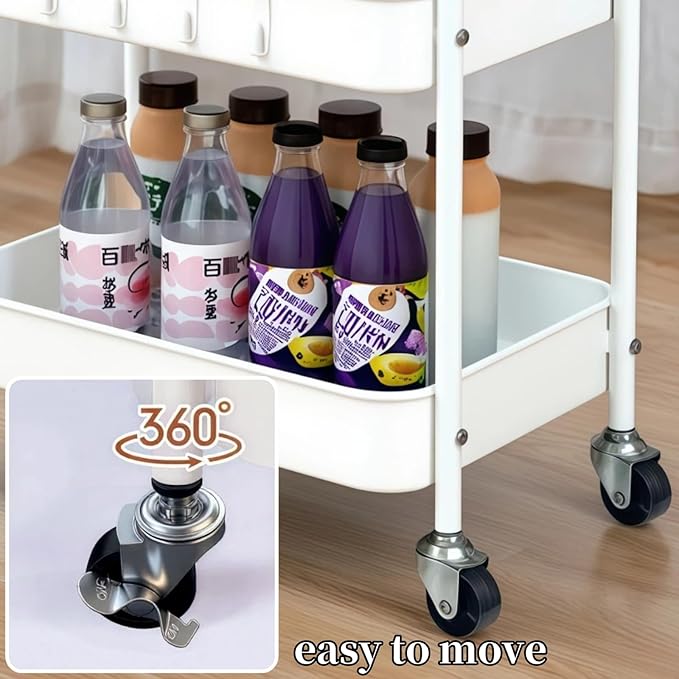 Under Desk Storage Cart 2 Tier Utility Rolling Cart with Wheels, Small Metal Mobile Trolley with Handle Two Tiered Utility Organizer Roller for Kitchen Office Bathroom Pantry Room, White