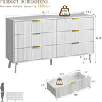 CARPETNAL Fluted 6 Drawer Dresser for Bedroom, 55" Wide Wooden Chest of Drawers with Rounded Corners, Gold Handles, Modern Storage Organizer for Bedroom, Hallway(White)