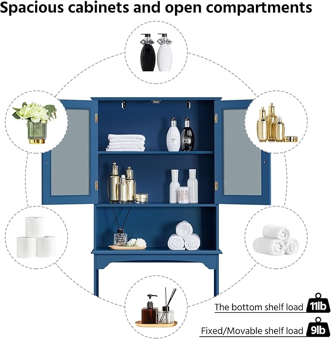 Yaheetech Over The Toilet Storage Cabinet, Free Standing Toilet Rack with Adjustable Shelves and Tempered Glass Doors for Bathroom Washroom, Navy Blue