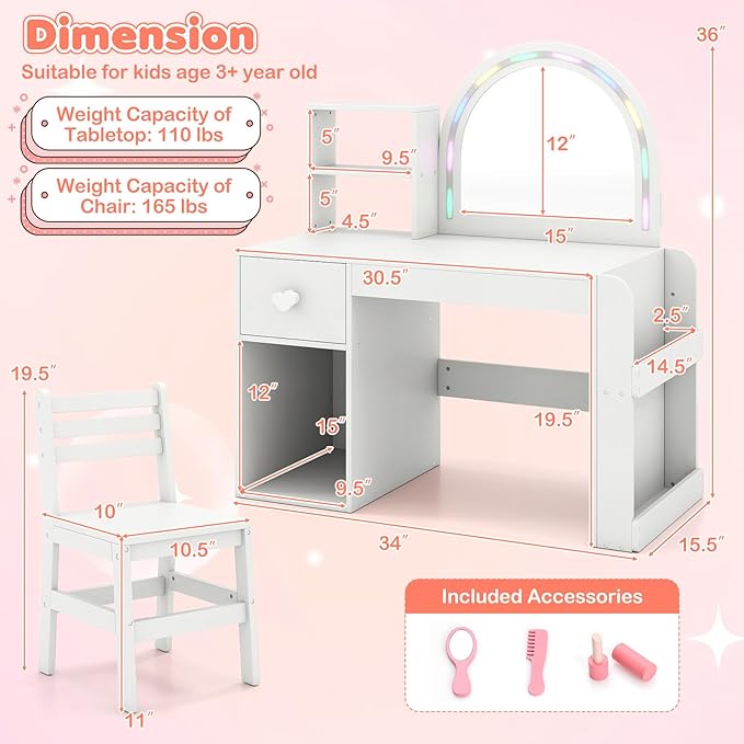 Costzon Kids Vanity, Girls Vanity Set with Lighted Mirror, Bookshelf, Drawer, Storage Cabinet & Shelves, Toddler Makeup Vanity Desk Dressing Table, Wooden Kids Vanity Table and Chair Set (White)