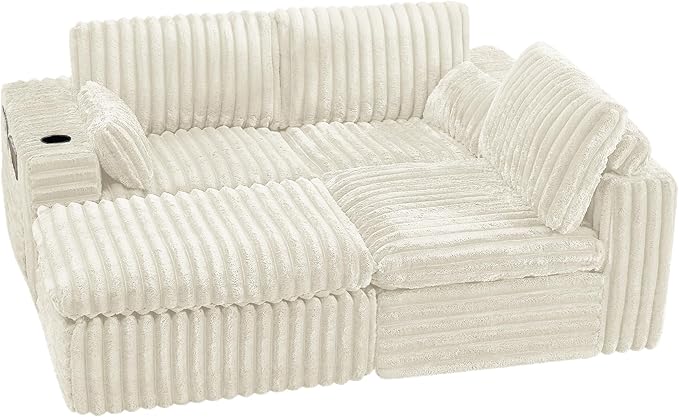 114" Cloud Boneless Sectional Couches for Living Room, Modular Sectional Sofa with Cup Holder, Cozy Fluffy L Shaped Deep Seat Boneless Couch with Storage Pocket, No Assembly Required, Beige