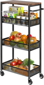 Slim Storage Cart 4 Tier Fruit and Vegetable Baskets for Kitchen Small Space, Narrow Laundry Cart on Wheels with Wooden Top and Metal Handle for Pantry, Bathroom, Laundry Room