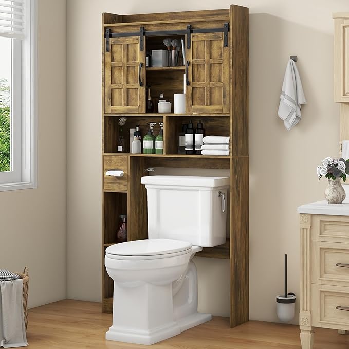 Over The Toilet Storage Cabinet, Farmhouse Storage Cabinet Over Toilet with Sliding Doors，Home Space-Saving Toilet Rack, for Bathroom, Restroom, Laundry. Brown