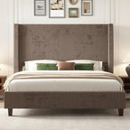 HOWE Queen Size 61" Corduroy Upholstered Bed Frame, Platform Bed with Vertical Stripe Wingback Headboard, No Box Spring Needed/Noise Free/Solid Wood Slats & Legs/Chestnut