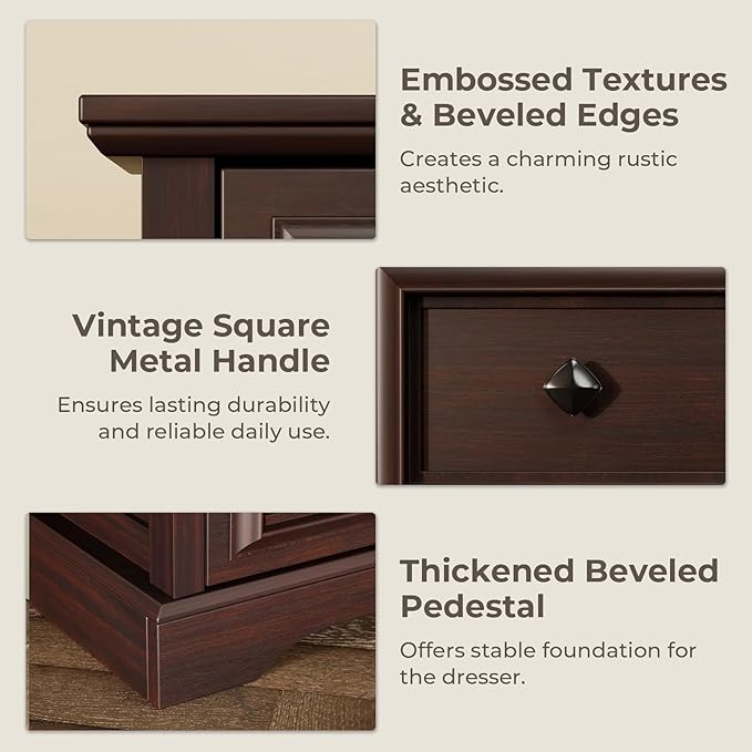 Farmhouse 6 Drawer Dresser, 48" Tall Dresser Chest of Drawers with Natural Texture & Metal Handles, Storage Dressers Organizer for Bedroom, Living Room, Hallway, Vintage Design (Cherry)