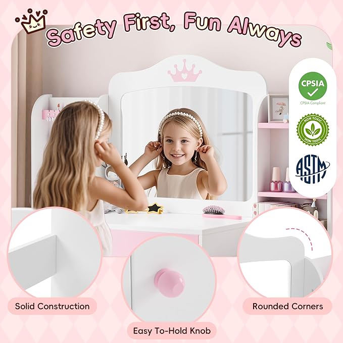 Kids Vanity, Girl Vanity Set with Storage Cabinet & Open Shelf, 2 In 1 Kids Vanity Table and Chair Set with Jewelry Storage, Princess Toddler Makeup Vanity with Mirror for Little Girls (White)