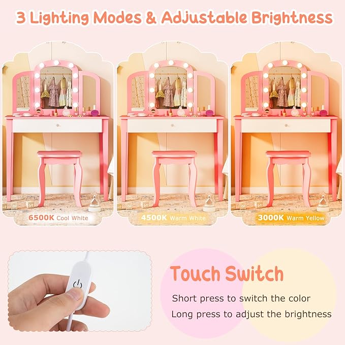 Costzon Kids Vanity, Girls Vanity Set with Mirror and Stool and Lights, Storage Drawer, Princess Toddler Makeup Vanity Desk Dressing Table, Wooden Kids Vanity Table and Chair Set (Pink)