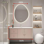 56IN Pink Modern Bathroom Vanity - Bathroom Vanities Set with 2 Drawers Wall Mounted | Rounded Corner Smart Defogging Mirror Cabinet with Lighting & Time Display, Side Opening Storage Shelf (Style B)