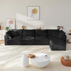 138" Boneless Cloud Couch Modular Sectional Sofa with Deep Seat for Living Room, L Shape Couch with Ottoman, Snowflake Cloth and 40D Memory Sponge，2 Throw Pillows (Black, 4 Seater+1 Ottoman)