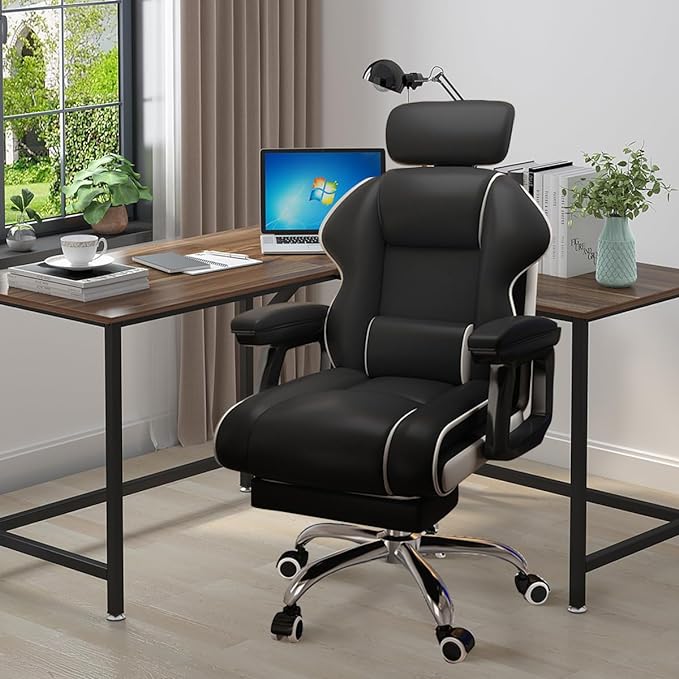 Executive Computer Chair Home Office Desk Chair,Adjustable Angle, Ergonomic Adjustable Height PU Leather Chairs with Cushions Armrest for Long Time Seating-High Office Chair with Footrest