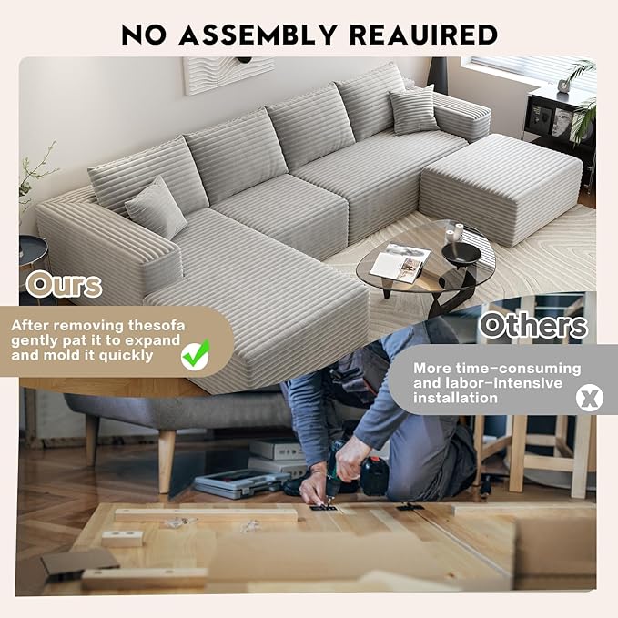 135.4" Cloud Sectional Couch with 1 Ottoman,Modern Modular Sofa with Deep Seat, Comfort U Shaped Sofa Couches for Living Room Bedroom Apartments,No Assembly Required, (Grey,Left Facing Chaise)