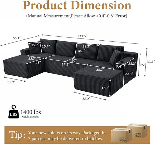134''Oversized Modular Sectional Sofa Boneless Cloud Couch with Chaise Comfy Sectional Couches for Living Room,Bedroom,Apartment (Dark Grey, 134''W U-Shaped)