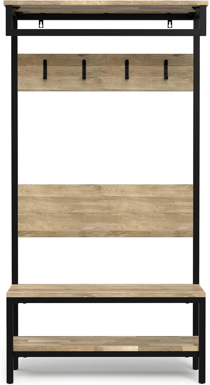 SIMPLIHOME Westmont Hall Tree Bench - 40 inch Wide Solid Mango Wood Entryway Seat in Natural, Industrial Bench for Entryway or Hallway with Metal Frame, Coat Hooks and Open Shelf