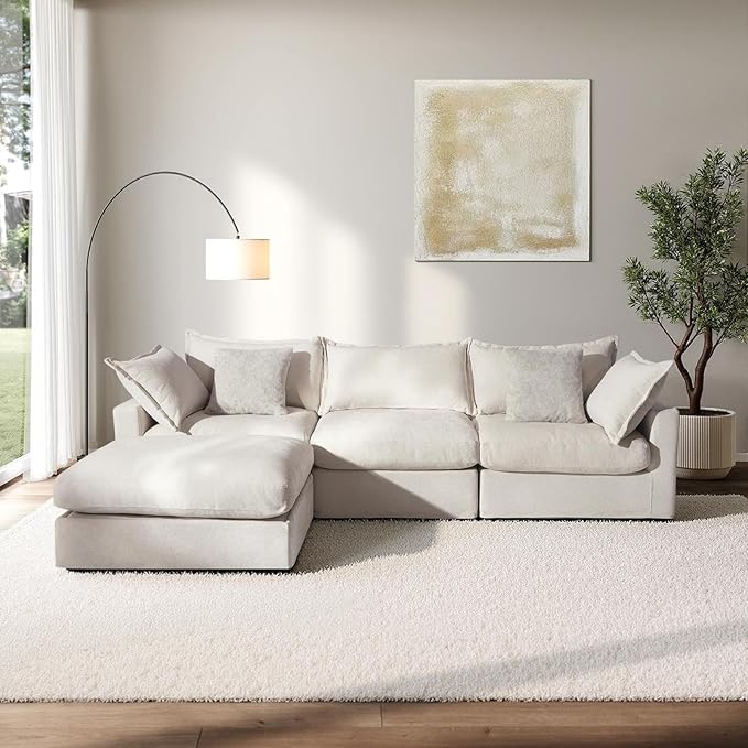 118.5" Down Filled Cloud Couch, Chenille Modular Sectional Sofa with Storage Ottoman, 3-Seater L Shape Sofa with Throw Pillows, Mordern Sectional Couches for Living Room, Beige