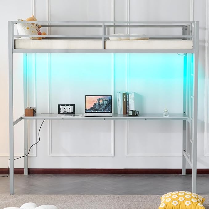 Karl home Twin Metal Loft Bed with Desk, with Power Outlet and LED Lighted, Safety Guardrail & Ladder, Space Saving, No Noise, No Box Spring Needed, Grey