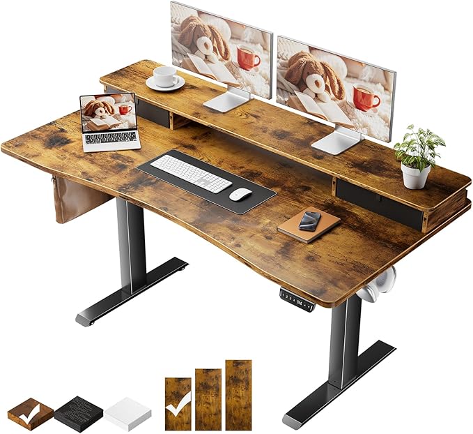 Veken 55"×27.6" Ergonomic Standing Desk with Drawers, Adjustable Height Home Office Desk with Monitor Riser, Computer Table for Work, Study, Gaming, Reading, Brown