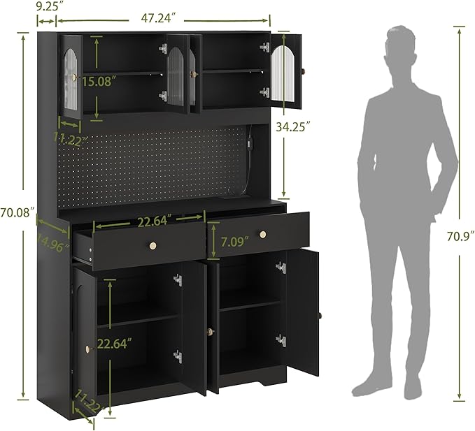70" Pantry Cabinet with Pegboard, Kitchen Pantry Storage Cabinet with Shelves & Drawer, Adjustable Shelves, LED Light & Power Outlets for Dining Room (Black)