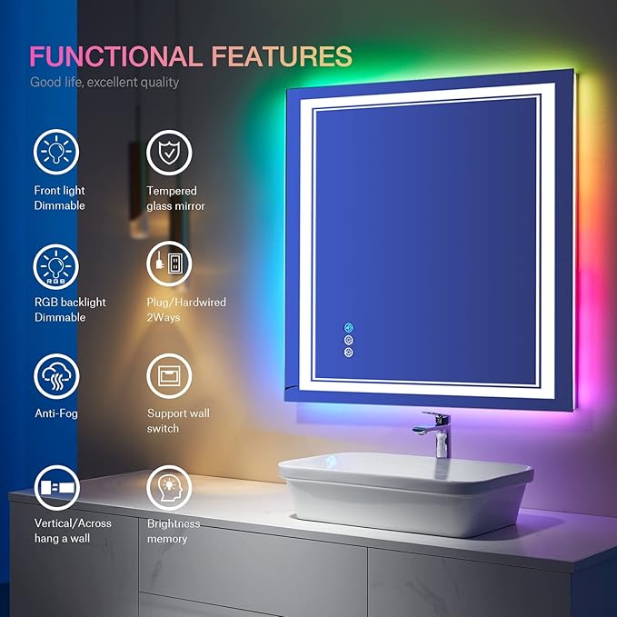 38x38 Inch RGB LED Bathroom Mirror with Lights, Color Changing RGB Backlit LED Mirror for Bathroom,Lighted Vanity Mirrors for Bathroom Wall, Dimmable, Anti-Fog (RGB Backlit+Front-Lit)